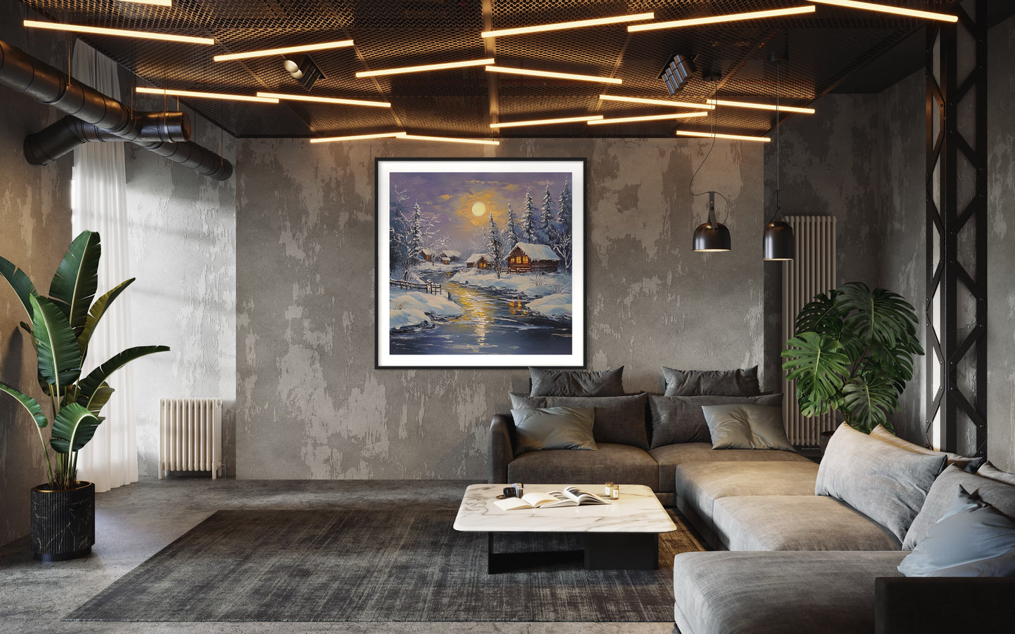 Snowy Sunset Winter Cabin Oil Painting | Cozy Landscape Wall Art | Handmade Canvas for Living Room, Holiday Decor or Gift Idea