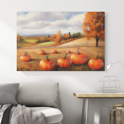 Golden Autumn Fields with Pumpkins Canvas Art