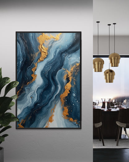 Ocean-Inspired Blue and Gold Abstract Canvas - Luxury Art