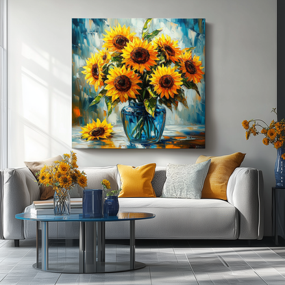 Vibrant Sunflowers in a Blue Vase