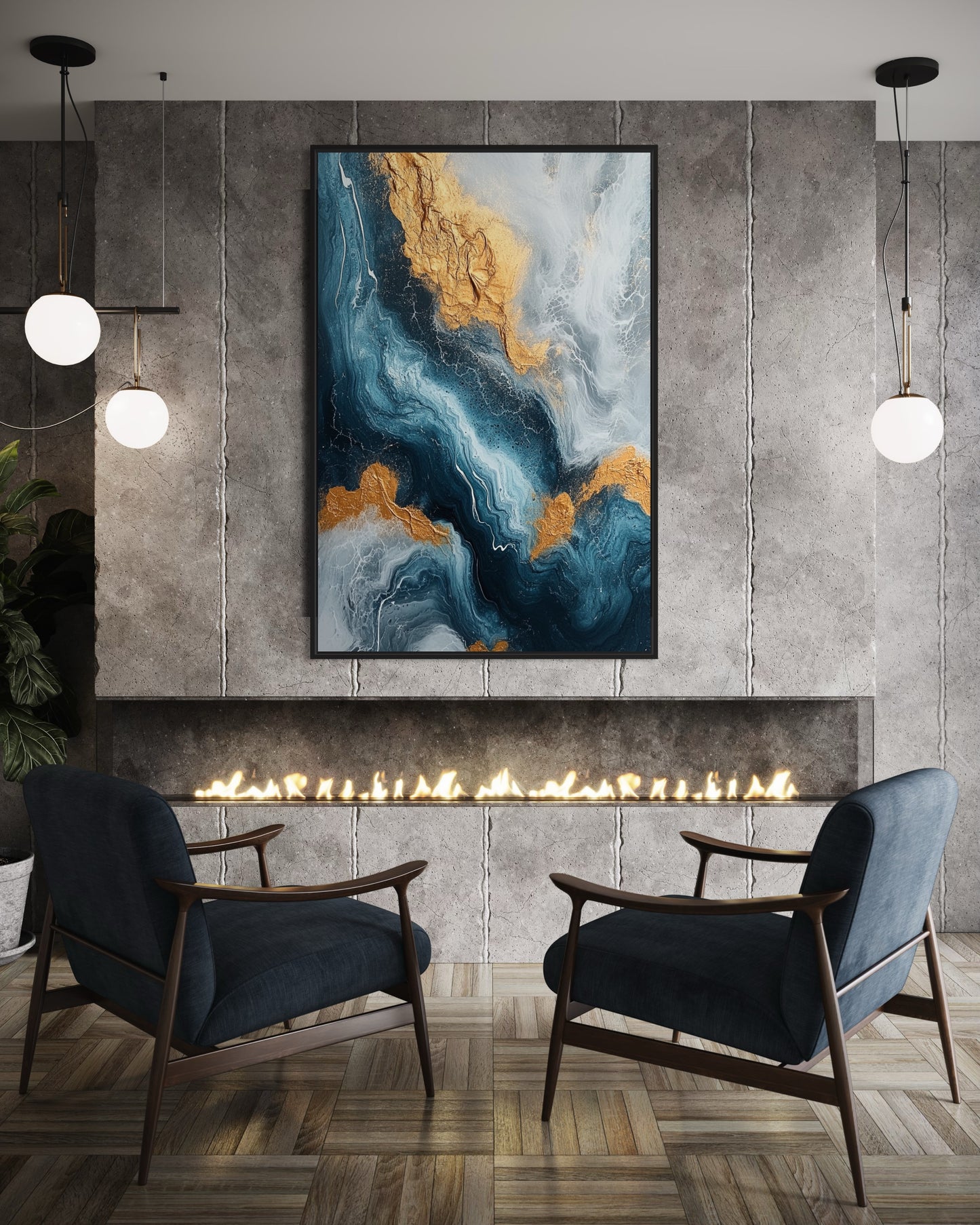 Blue and Gold Abstract Art - Modern Fluid Painting