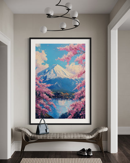 Mount Fuji in Spring: Sakura Blossoms and Mountain View Oil Painting